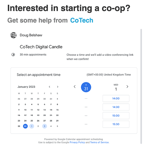Screenshot of start.coops.tech showing "Interested in starting a co-op? Get some help from CoTech". Underneath is a Google Calendar booking form